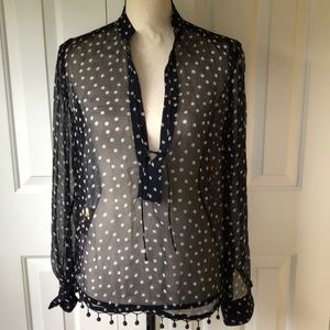 J Crew Polka Dot Sheer Top with Pom Pom Trim
